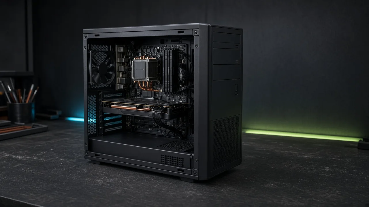 Older black tower representation with an air cooler and one graphics card.