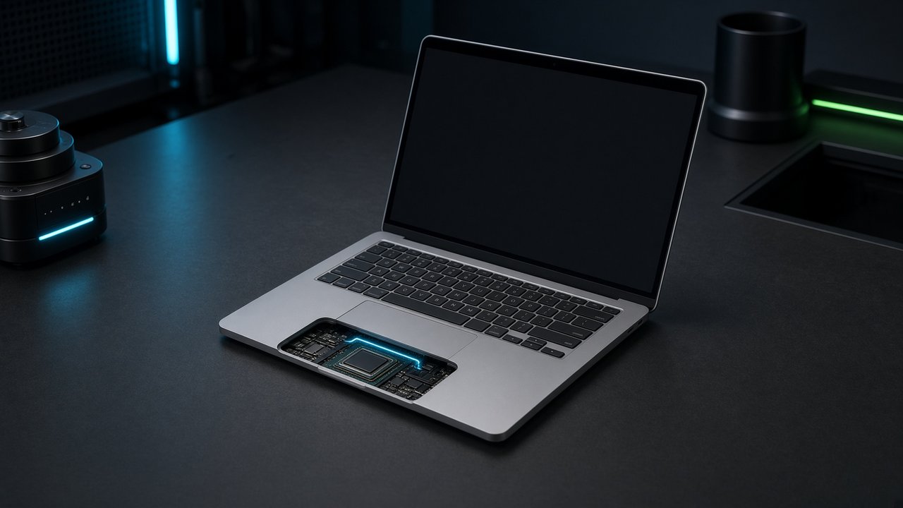 Silver fanless laptop with a dark display and an illustrative cutaway showing an integrated chip.