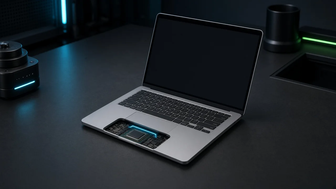 Silver fanless laptop with a dark display and an illustrative cutaway showing an integrated chip.