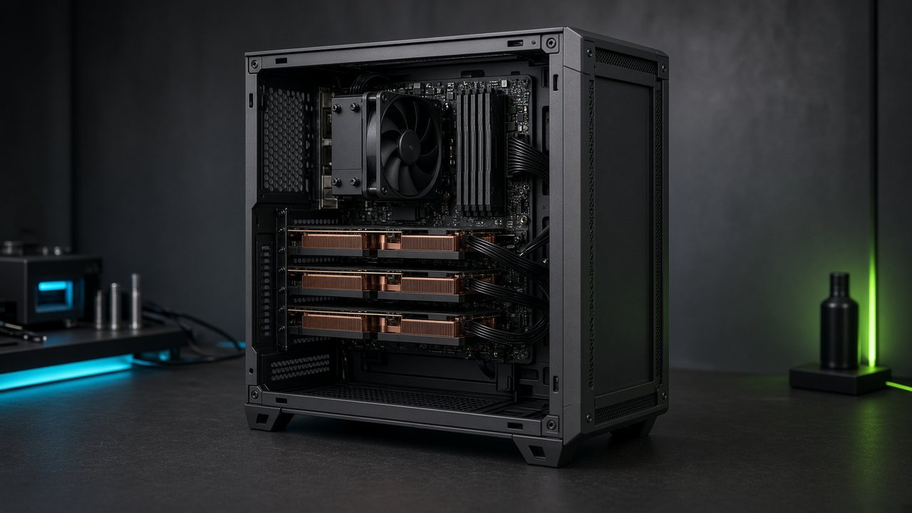 Open-sided workstation representation with three distinct copper-cooled graphics cards.
