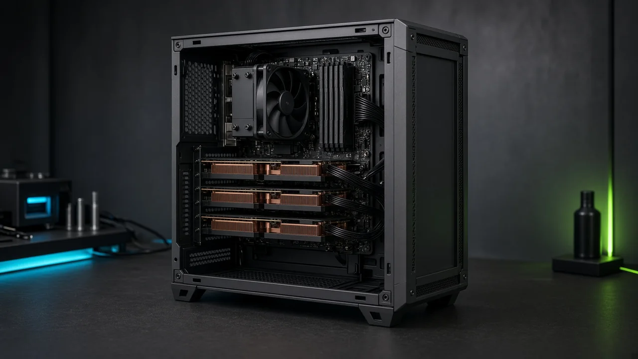 Open-sided workstation representation with three distinct copper-cooled graphics cards.