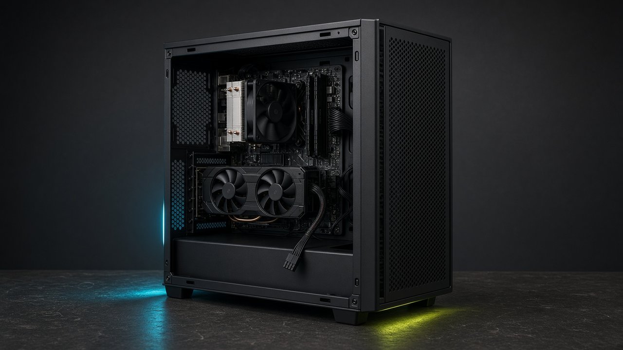 Dark-grey Windows tower representation with an air cooler, memory modules and one dual-fan graphics card.
