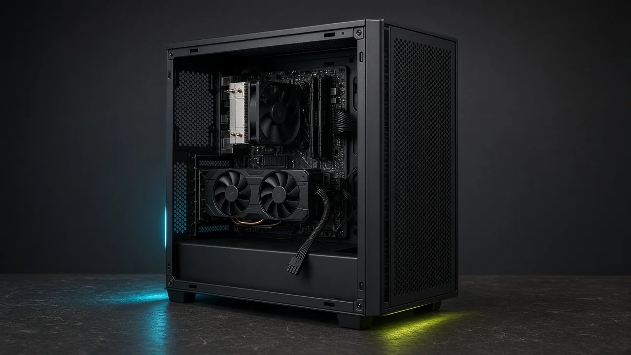 Dark-grey Windows tower representation with an air cooler, memory modules and one dual-fan graphics card.